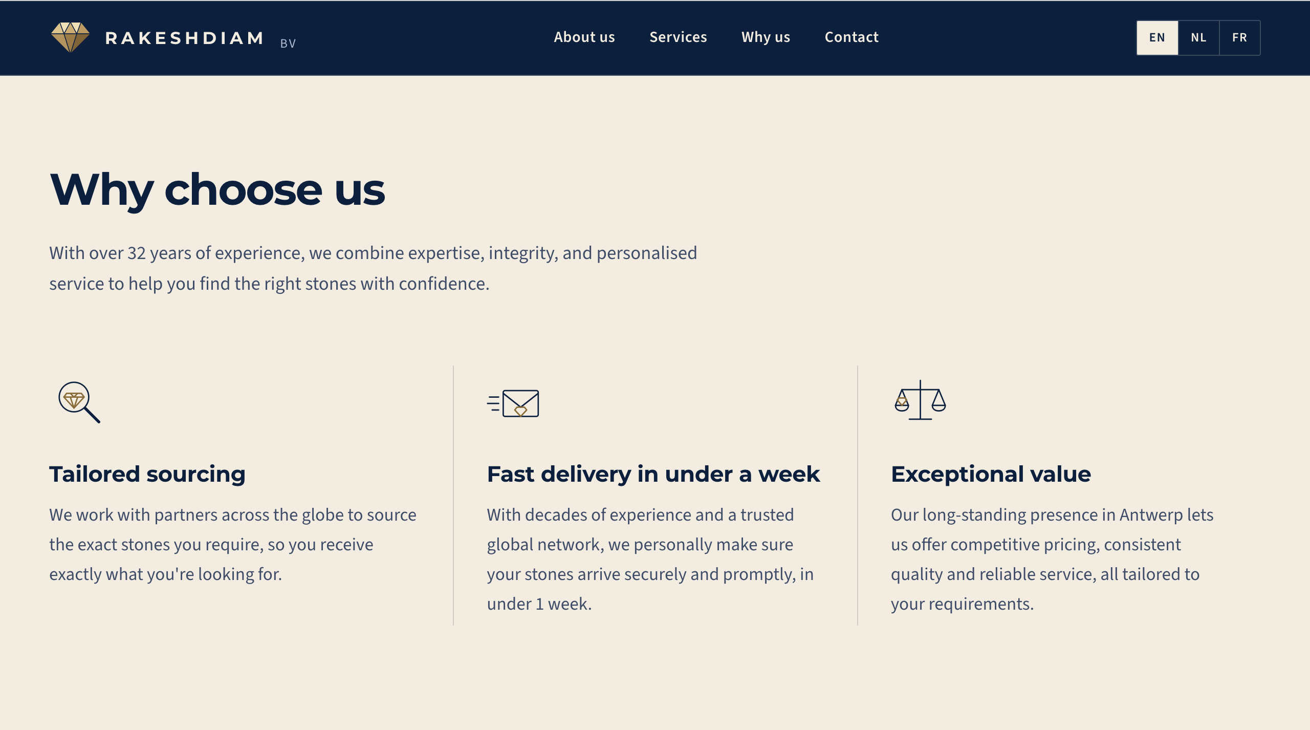 RAKESHDIAM Why Choose Us page — tailored sourcing, fast delivery, exceptional value